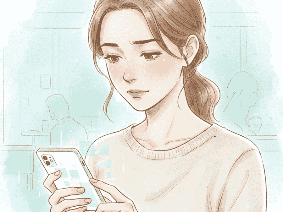 スマホの設定トラブルに戸惑う若い女性のイラスト。SNSの誤操作や情報弱者化の問題を象徴するシーン。