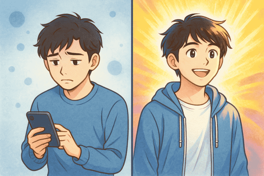 恋愛に悩む男性が正しい情報を得ることで前向きに変化していく様子を描いたイラスト。落ち込む表情から希望に満ちた表情へと変わるビフォーアフター構図。