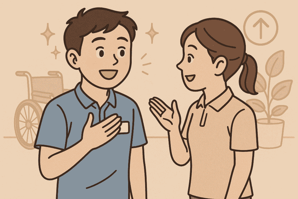 職場で女性から好感を持たれるようになった新人男性のイラスト｜気遣いと言葉の使い方を改善した効果