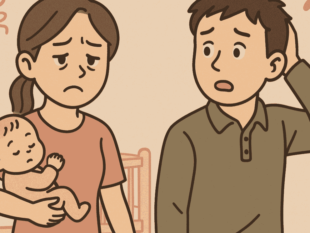 育児で疲れた妻と情報の受け取り方がずれてすれ違う夫婦のイラスト｜察してほしい妻と気付けない夫の構図