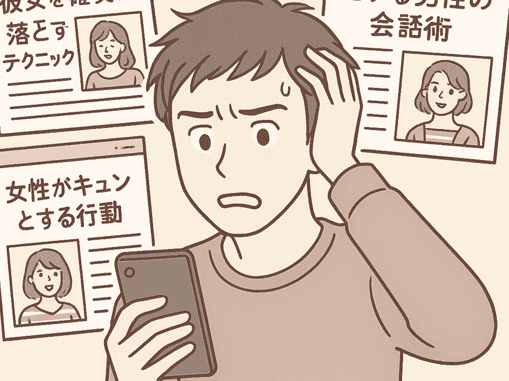 情報が多すぎて恋愛の正解がわからず悩む男性を描いたイラスト。恋愛ノウハウを検索して混乱している情弱男子のイメージ。