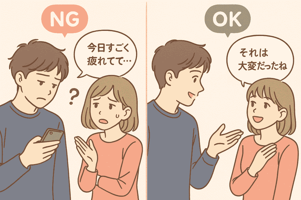 恋愛がうまくいかない男性がやりがちな“共感できていない会話例”と、女性が安心する“共感できている会話例”を比較したイラスト。恋愛に必要なコミュニケーション改善を視覚的に示す図。