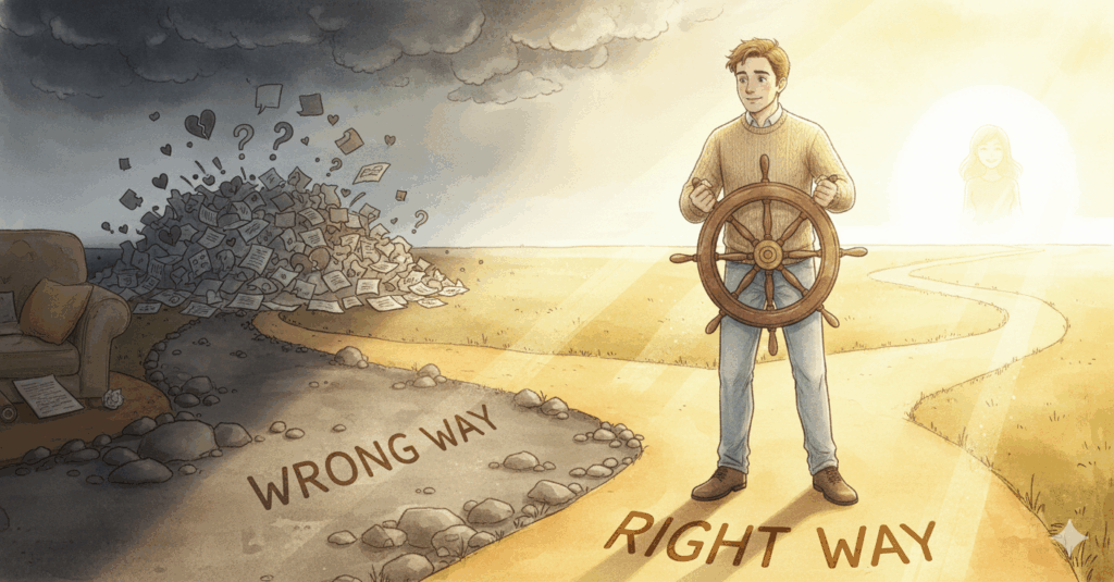 恋愛の選択肢において、正しい方向を選ぼうとする男性のイラスト