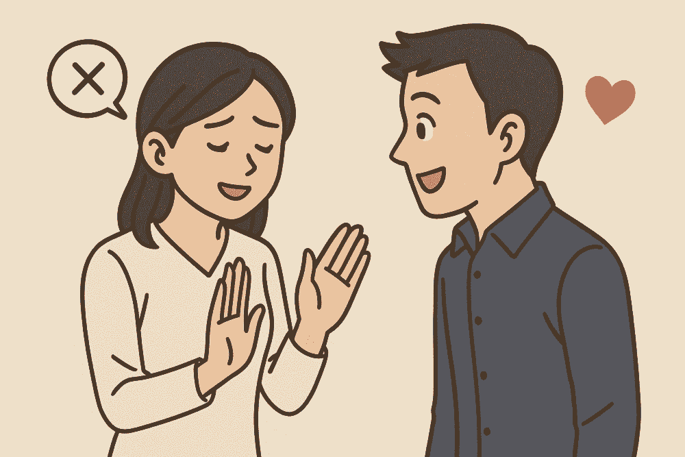 相手に気を遣いながら断る女性と、それを脈ありだと誤解する男性のイメージ図