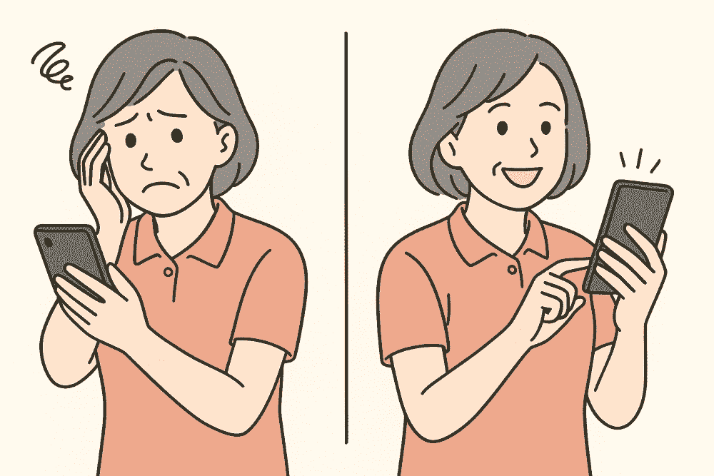 「スマホ操作が苦手だった50代女性が、サポートによって克服し笑顔で使いこなせるようになった様子のビフォーアフターイラスト」