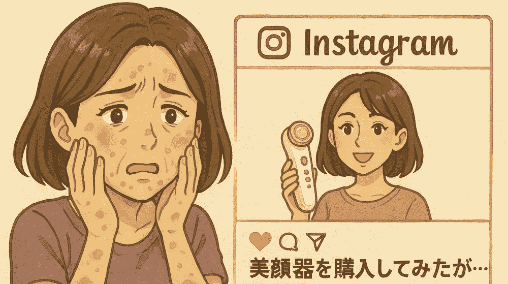 インスタ投稿を信じて美顔器を購入し肌荒れに悩む42歳女性のイラスト