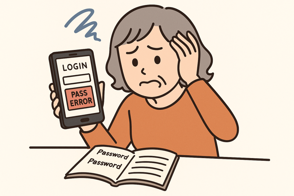 「スマホ通知に気づけず困惑する50代女性のイラスト。連絡アプリを開けず未読のままの状態を表現。」