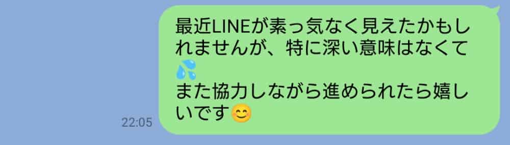 素っ気ない印象を与えてしまった recent のLINEに対し、深い意味はなかったと説明し、今後も協力して進めたい気持ちを柔らかく伝える母親のLINEメッセージ画面。