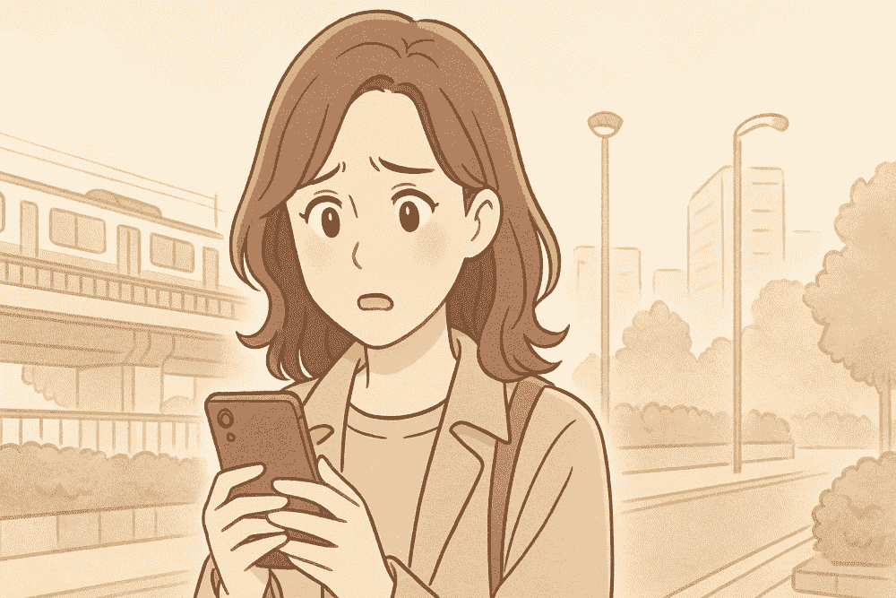 不安そうな表情で悩む若い女性のイラスト。ネットの情報を信じてよいか迷い、困惑している様子が描かれている。