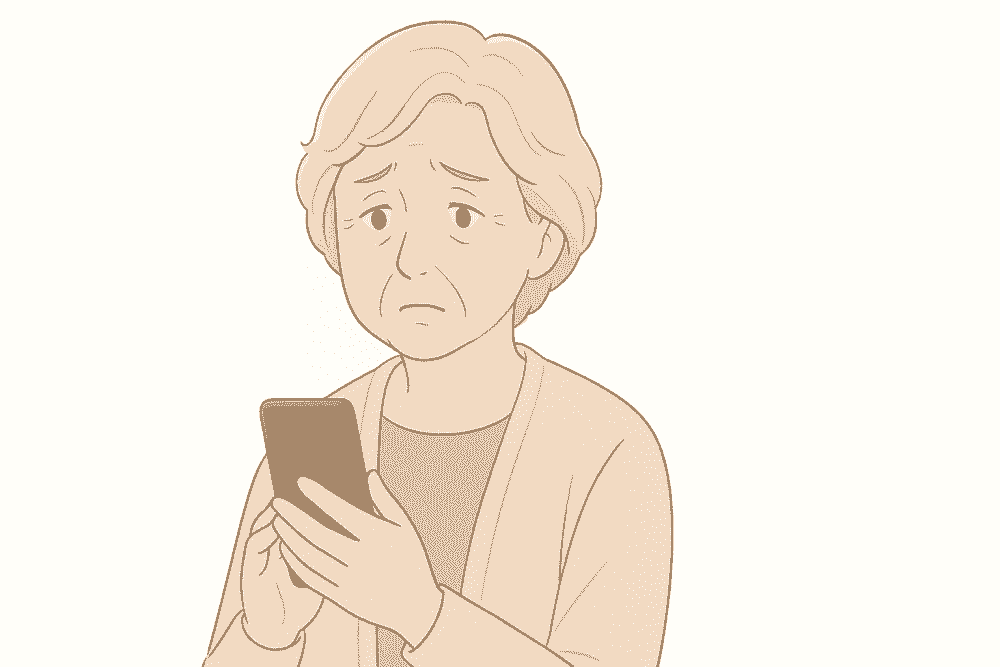 注意されたことで傷つき、不安げな表情を浮かべる高齢女性のイラスト。間違った声かけが逆効果になる場面を表現している。