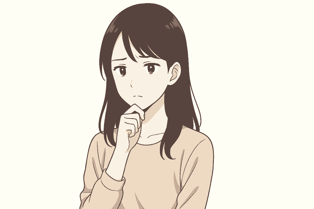 何度も選択に失敗し、「なぜうまくいかないのか」と考え込んでいる女性のイラスト。知識不足ではなく考え方に原因があるのではと気づく場面を表している