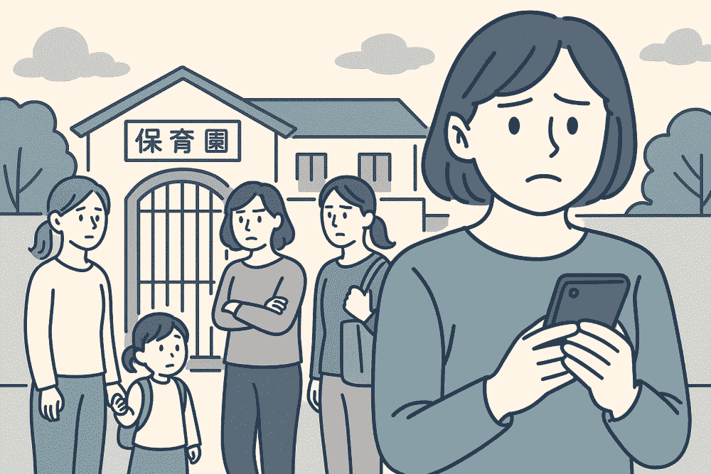 保育園の朝の送迎で、ママたちがぎこちない表情を見せる中、不安げにスマホを持つ母親のイラスト。LINEの誤解で空気が変わった様子を表現。