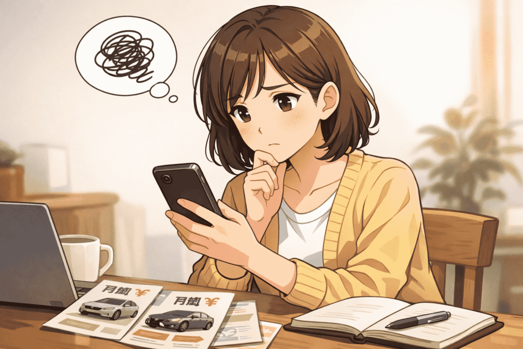 スマホでカーリースの月額情報を調べながら、迷った表情で考え込む女性のイラスト