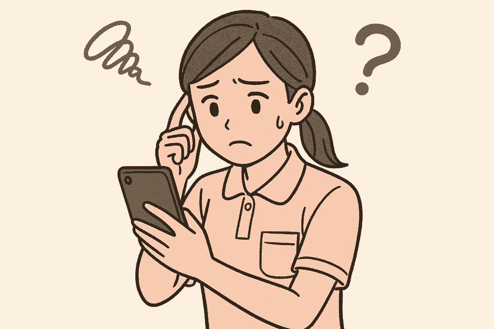 調べずに30分手が止まってしまった20歳新人女性の悩む表情のイラスト