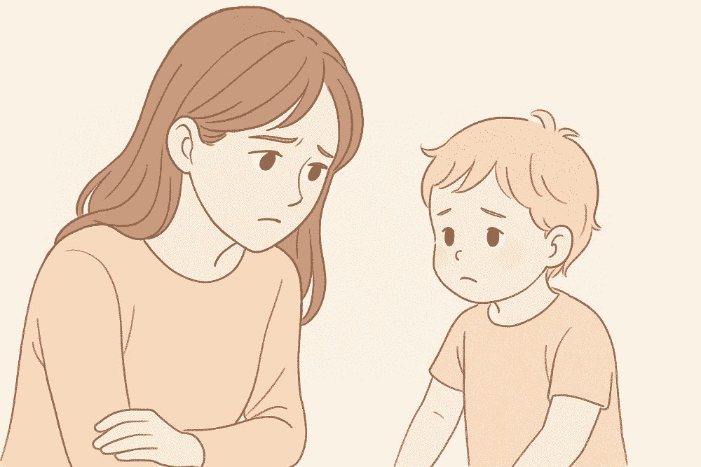 子どもの顔色や機嫌を観察する母親のイラスト。検索する前に目の前の子どもの状態を落ち着いて確認する重要性を表現した画像。