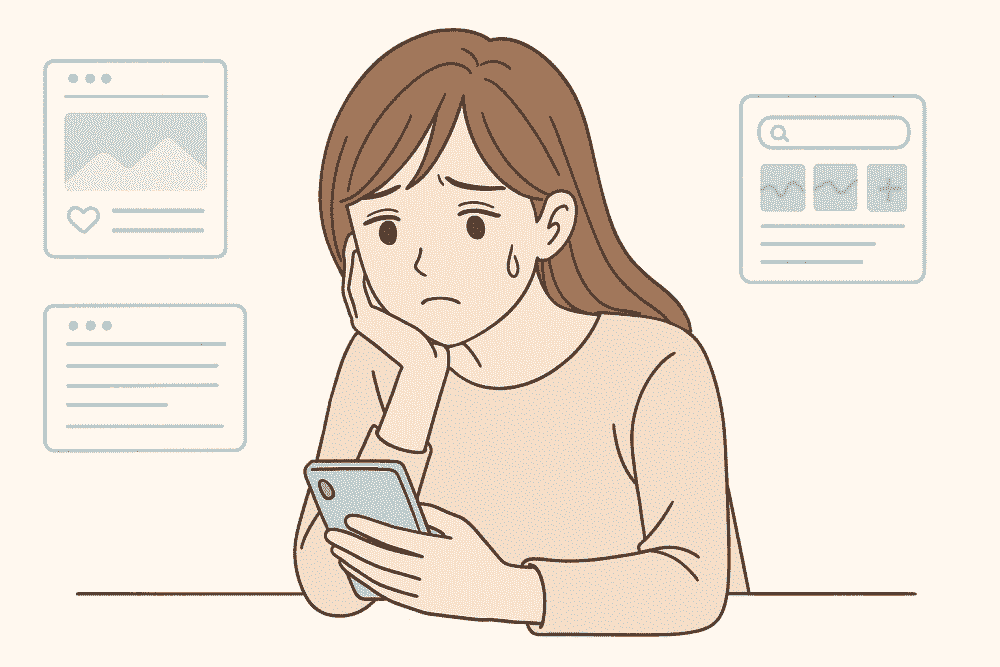 不安になって育児情報を次々検索し、スマホの画面を見ながら困惑する母親のイラスト。情報過多で判断が鈍る情弱状態を表現した画像。