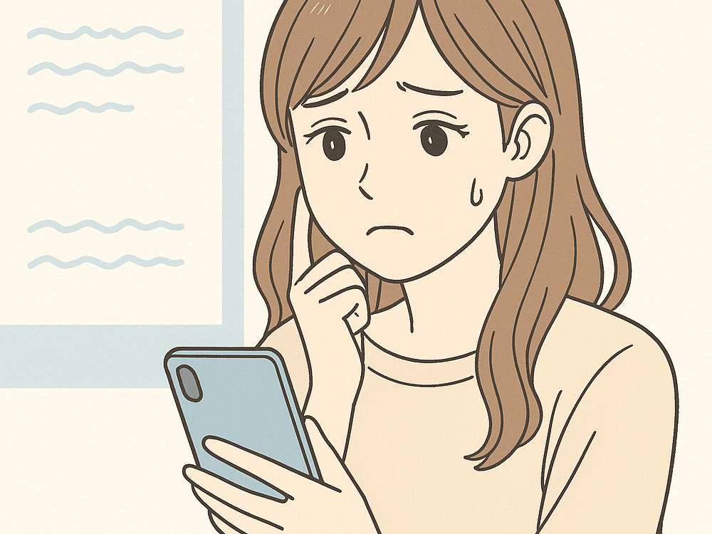 SNSの育児情報に振り回されて不安になる母親のイラスト。スマホ検索で悩む子育て中の情弱状態を表現した画像。