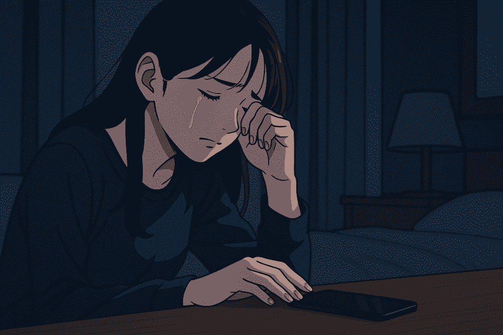 感情的に限界を感じ、スマホを手から離して距離を置こうとする女性のイメージ画像