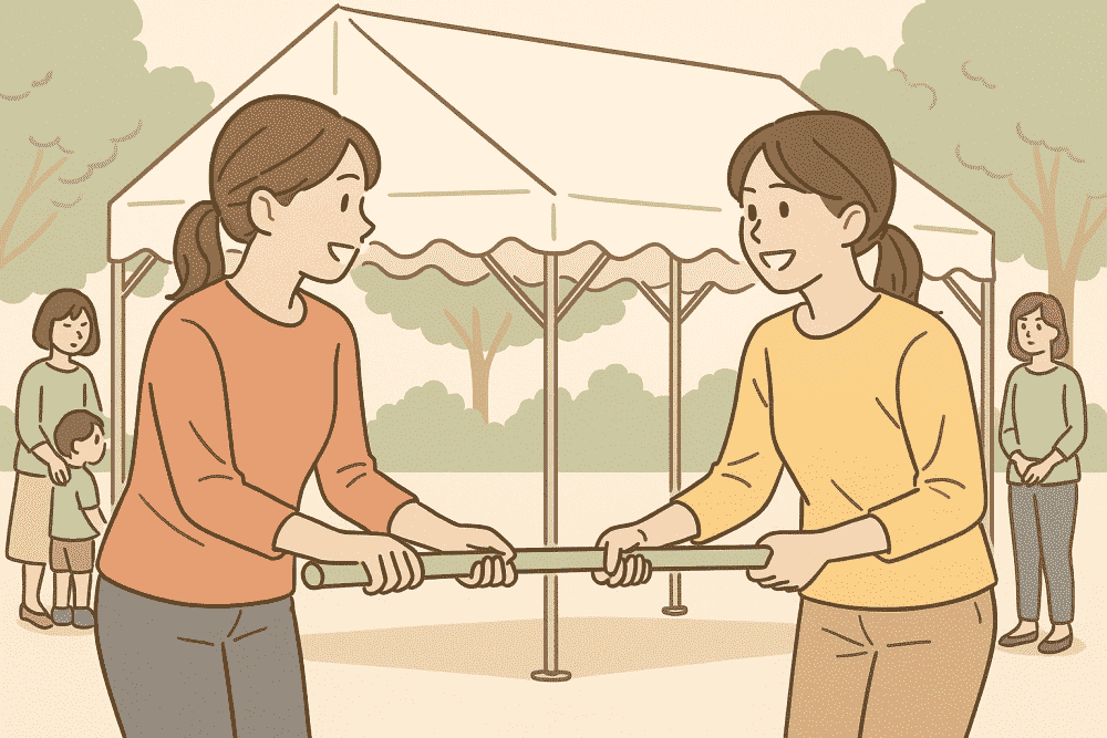 運動会の準備で、母親同士がテントの支柱を一緒に運ぶイラスト。ぎこちなさが少しずつ解け、関係が改善していく様子を表現。