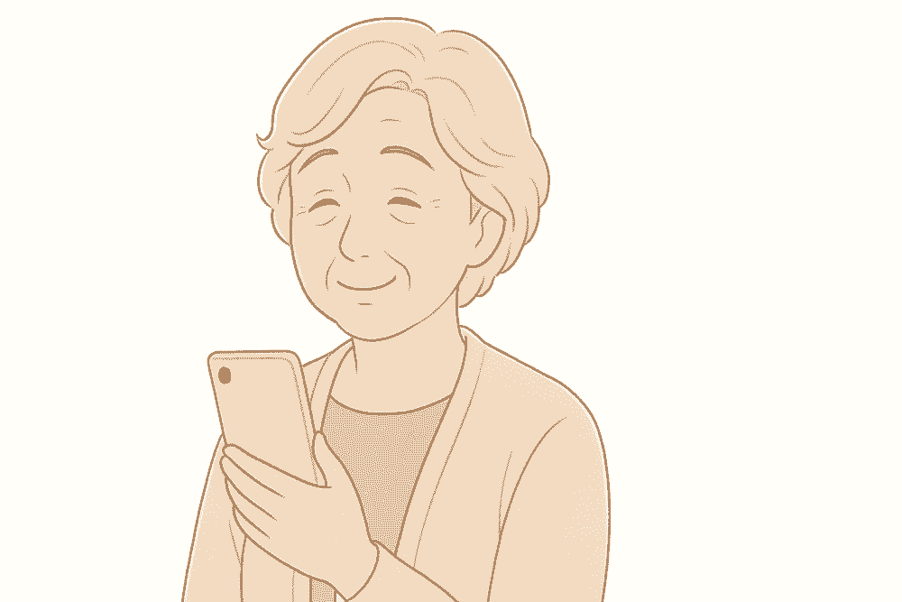 怪しい広告を自分で判断して閉じることができ、安心した表情でスマホを見ている65歳女性のイラスト。ネット情報を自力で見極められるようになった変化を表現している。