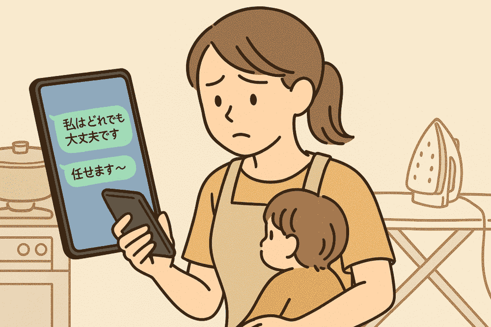 夕方の慌ただしい時間に、母親が短文で返信してしまったLINE画面のイラスト。温度が伝わらず誤解の原因になった瞬間