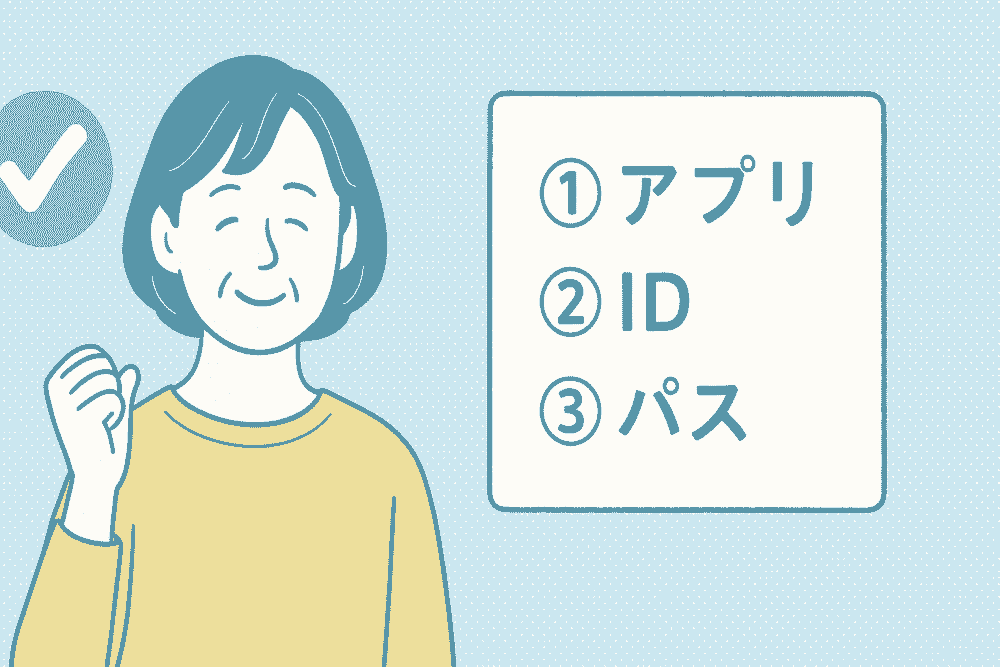 複雑な操作を3ステップに簡略化したメモを見て理解する50代女性のイラスト。