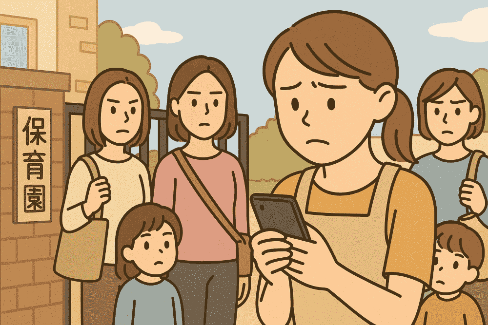 保育園の朝、ママ友たちが硬い表情を見せる中、不安そうにスマホを持つ母親のイラスト。LINEの誤解で送迎時の空気が変わった様子を描写。