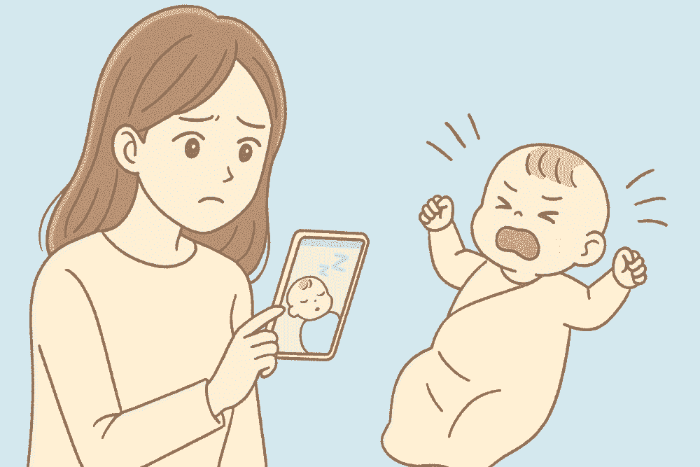 寝かしつけ動画をスマホで見て試すが、赤ちゃんが泣き出して困惑する母親のイラスト。SNS育児情報の失敗例を表現した画像。