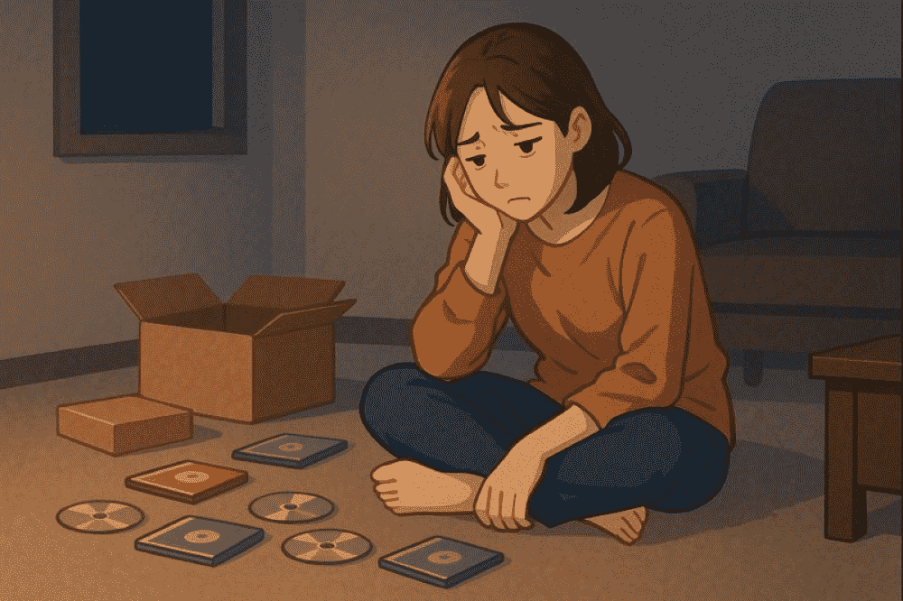 推し活で抽選応募のために買いすぎてしまい、部屋で座り込んで後悔している女性のイラスト