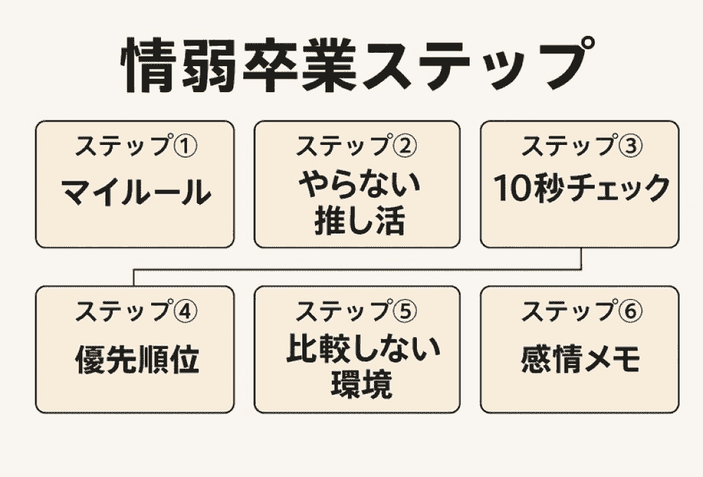 推し活の散財を防ぐための情弱卒業ステップ6つをまとめた図解