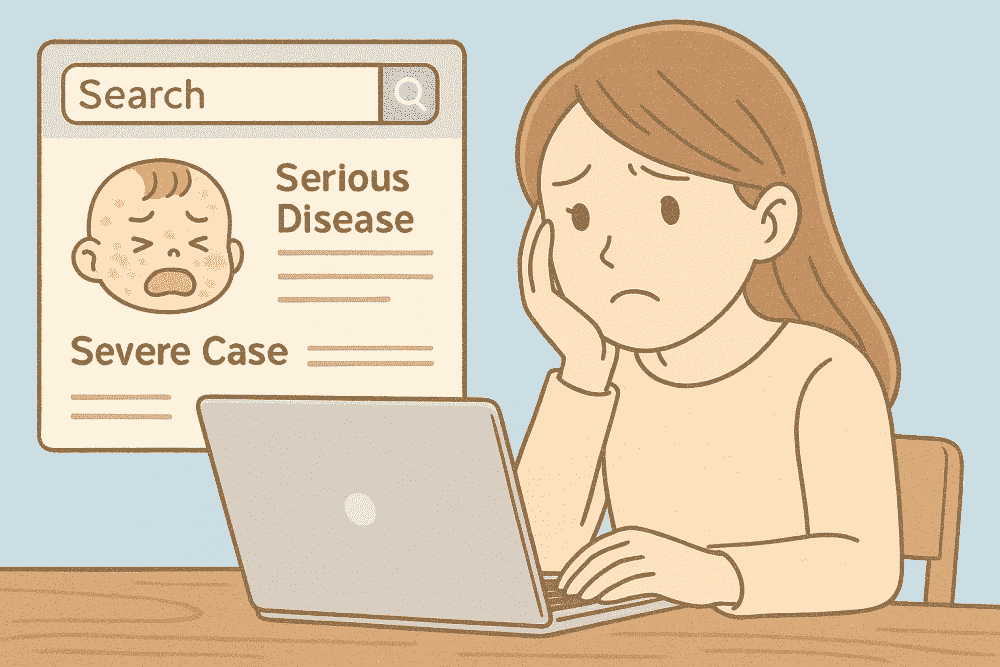 子どもの発疹を検索し、深刻な病名や重症例ばかりが表示されて不安を抱える母親のイラスト。