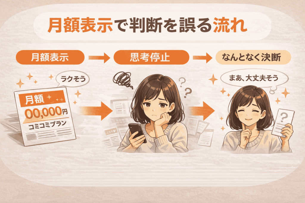 月額表示を見て安心し、思考が止まり、なんとなく判断してしまう流れを示した図解イラスト