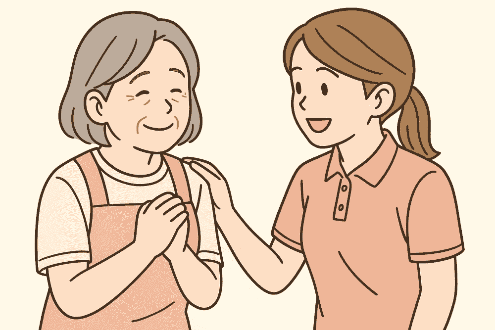 優しく声をかけられ安心した表情を見せる50代女性のイラスト。否定されないことで不安がやわらぐ様子。