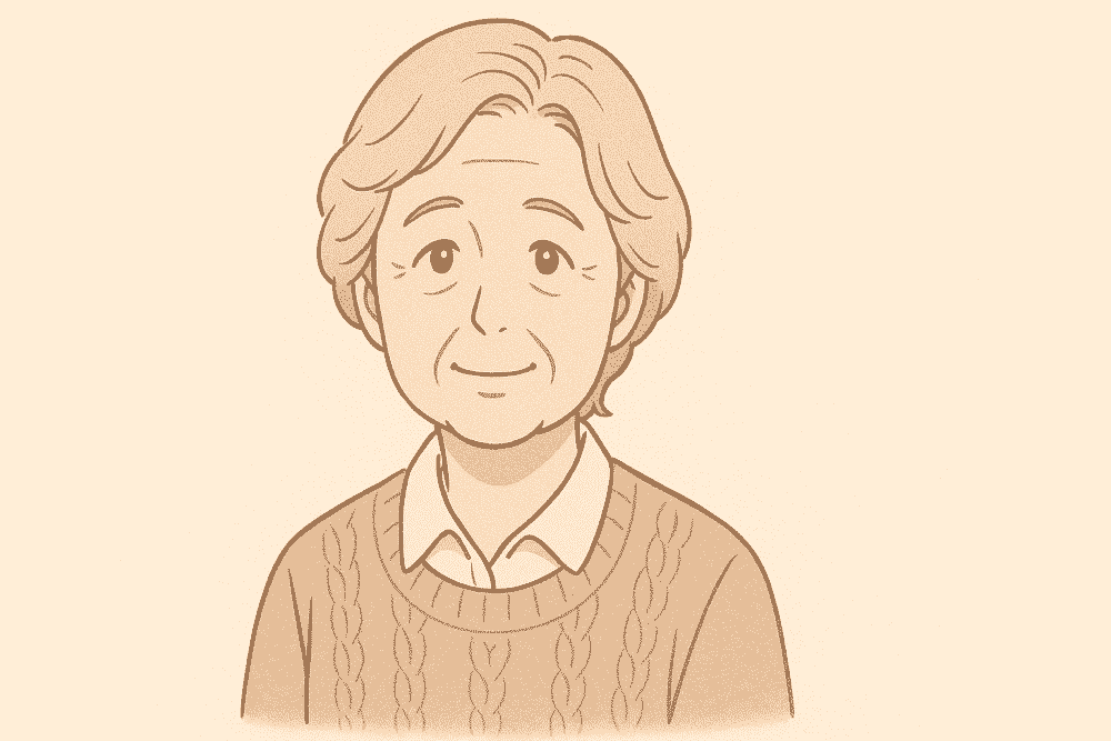 穏やかな表情の65歳女性のイラスト。ネット情報に不安を感じやすい高齢者のイメージとして描かれている。