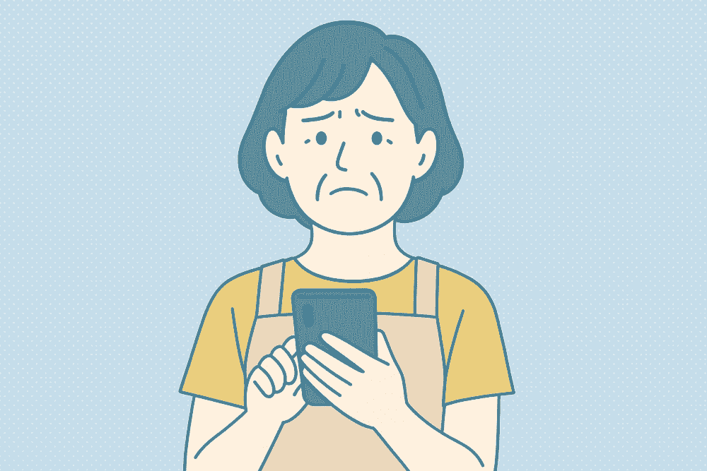 スマホの操作方法がわからず困惑した表情を浮かべる50代女性介護士のイラスト。エプロン姿でスマートフォンを両手に持ち、不安を感じている様子が描かれている。