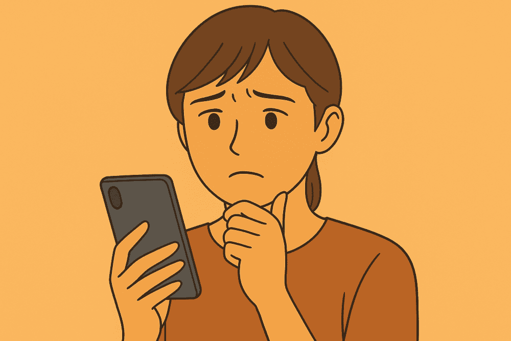 スマホを持って悩んでいる日本人女性のイラスト。検索すべきか判断できず迷っている様子が描かれている。