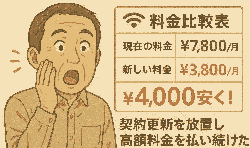 検索せず契約更新を放置し高額料金を払い続けた58歳男性のイラスト