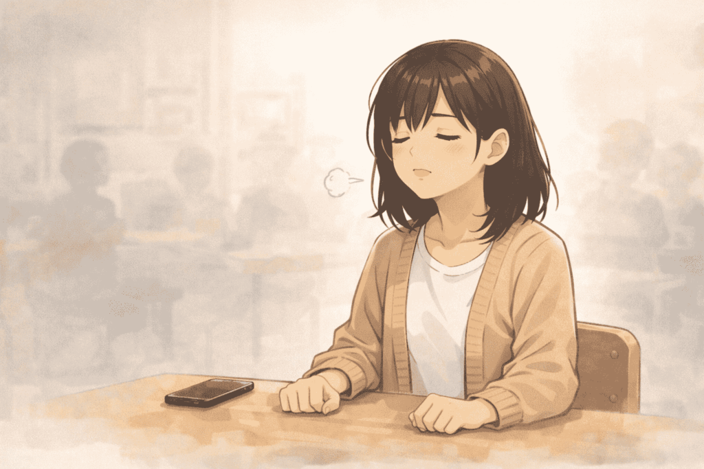 スマートフォンを机に置き、目を閉じて一息ついている若い女性のイラスト