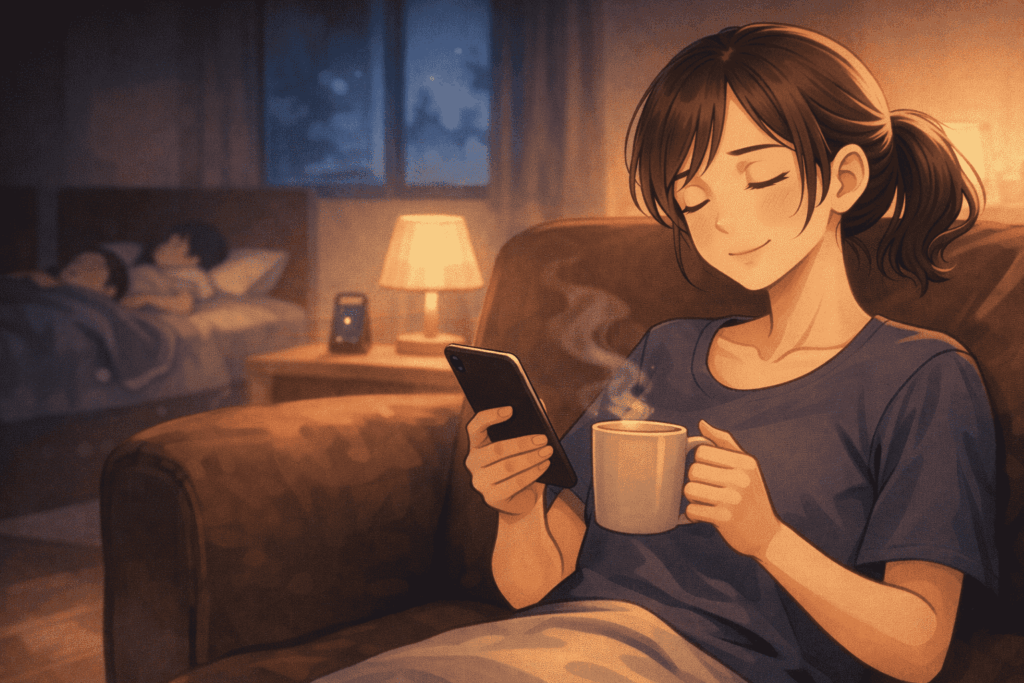 子どもが寝た後の夜、ソファで温かい飲み物を持ちながらスマホを見て、穏やかな表情で一息つく母親の様子