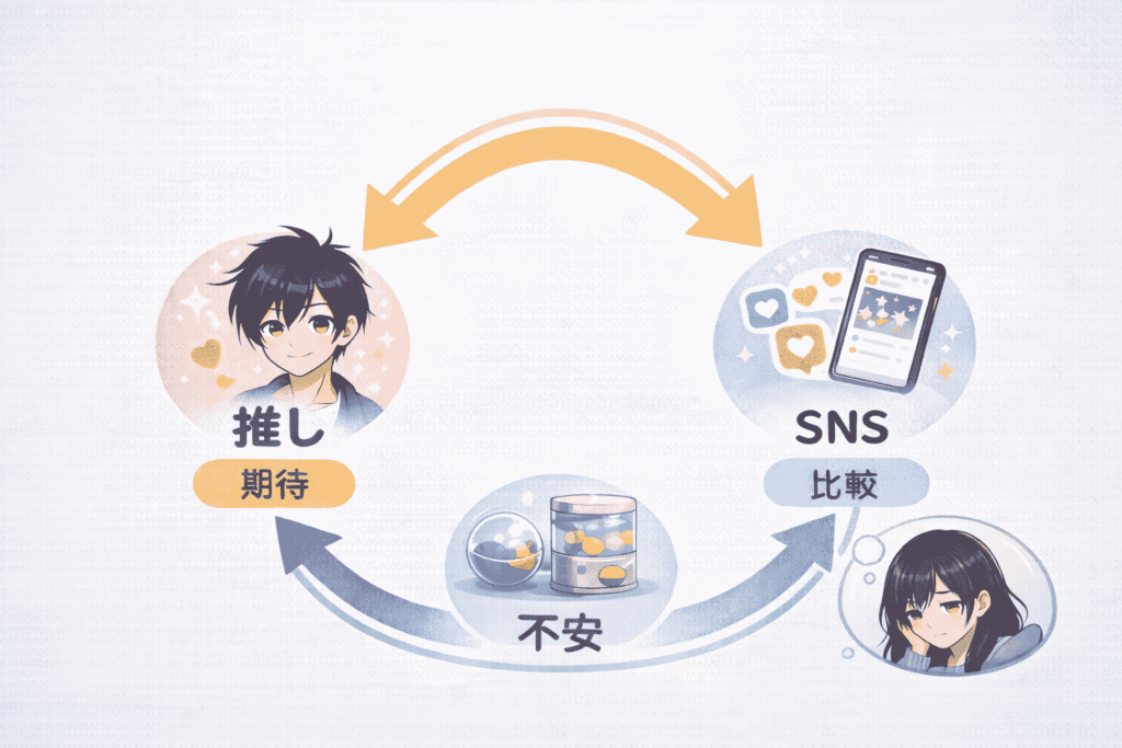推しへの期待、SNSでの比較、ガチャによる不安が循環する感情のループを示した図。男性の推し、スマホ画面、ガチャ筐体、不安そうな女性が描かれている。