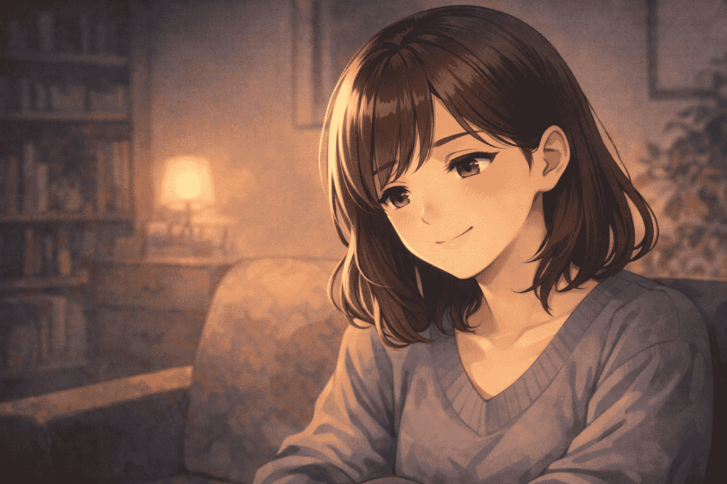 情報を整理し終え、自分の判断に納得して穏やかな表情を浮かべる女性のイラスト