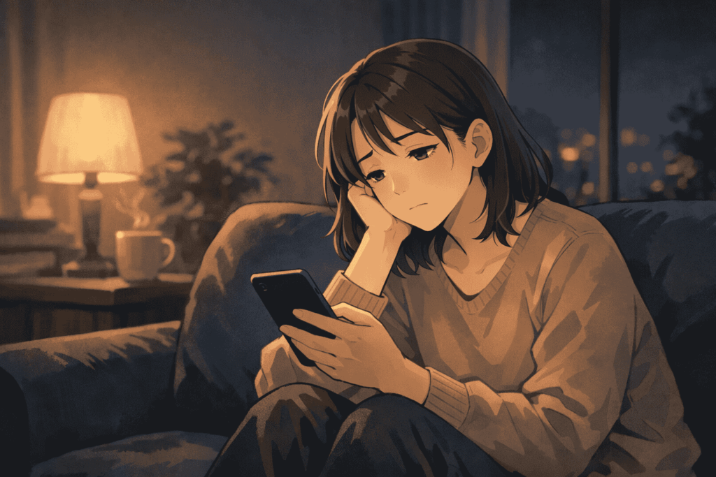 夜、ソファに座ってスマホを見つめながら、考えすぎて疲れた表情をしている人物のイラスト