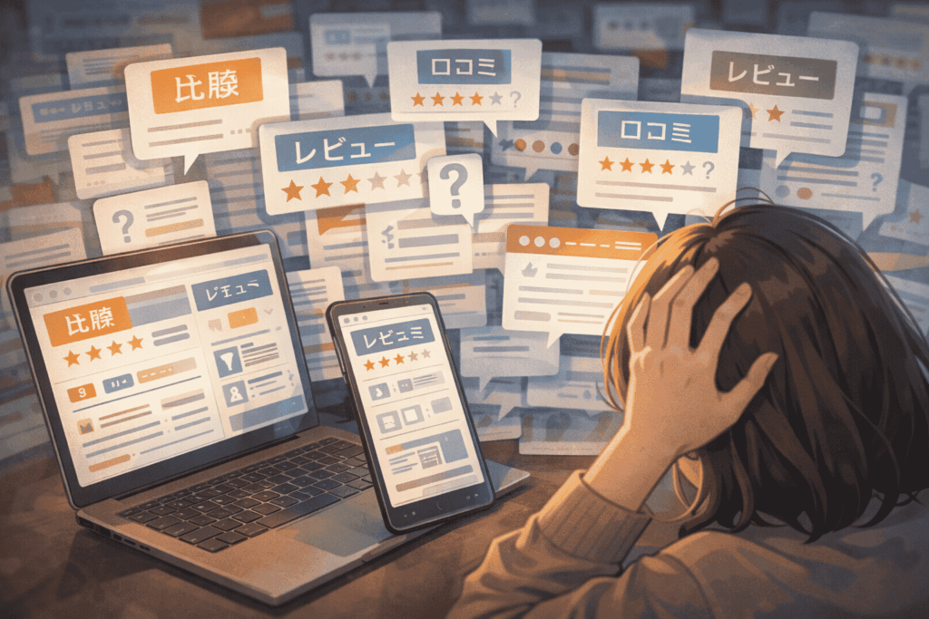 パソコンやスマホ画面に比較・口コミ・レビュー情報が並び、情報量の多さに戸惑っている人物のイラスト