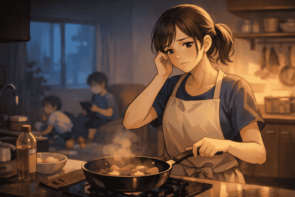 夕方の家事と育児で余裕がなく、イライラしてしまう母親の様子