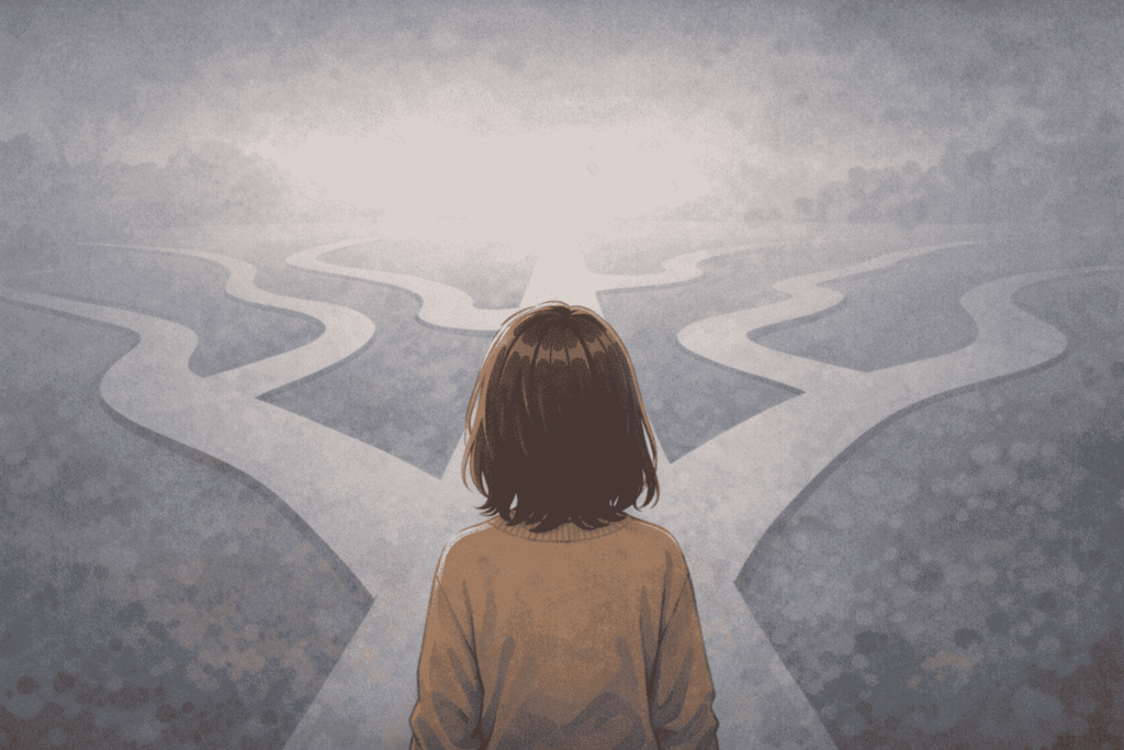 分かれ道がいくつも広がる場所で立ち止まり、どの道に進むか迷っている人物の後ろ姿を描いたイラスト