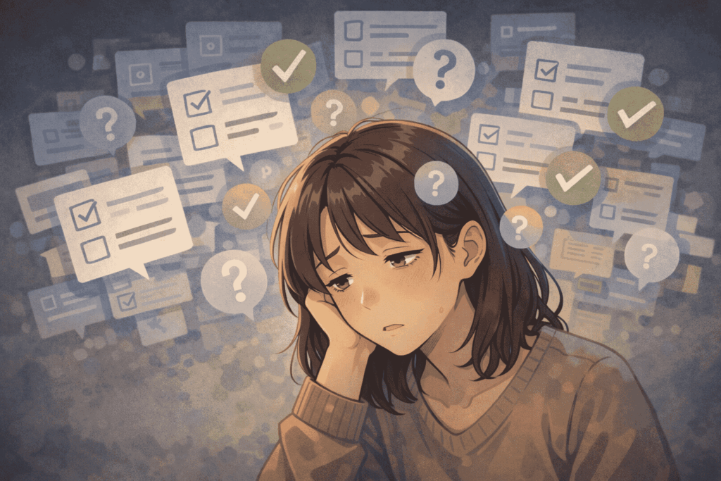 チェックマークや選択肢のアイコンが頭の周囲に浮かび、考えすぎて疲れた表情をしている人物のイラスト