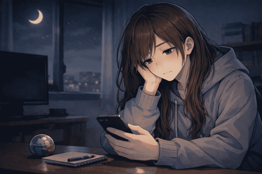 夜の部屋でスマホを見つめながら、ガチャ結果に落ち込んだ表情を浮かべる女性のイラスト。机の上にはノートとペンが置かれている。