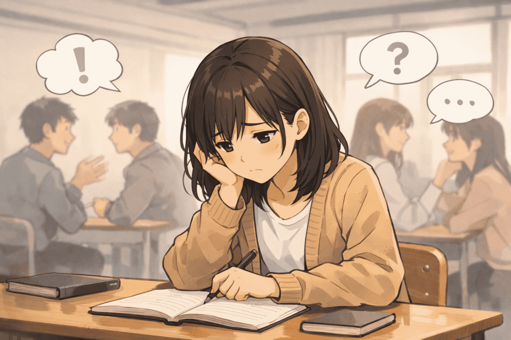 専門学校で周囲の声に戸惑い、自信をなくしている19歳の学生のイメージ