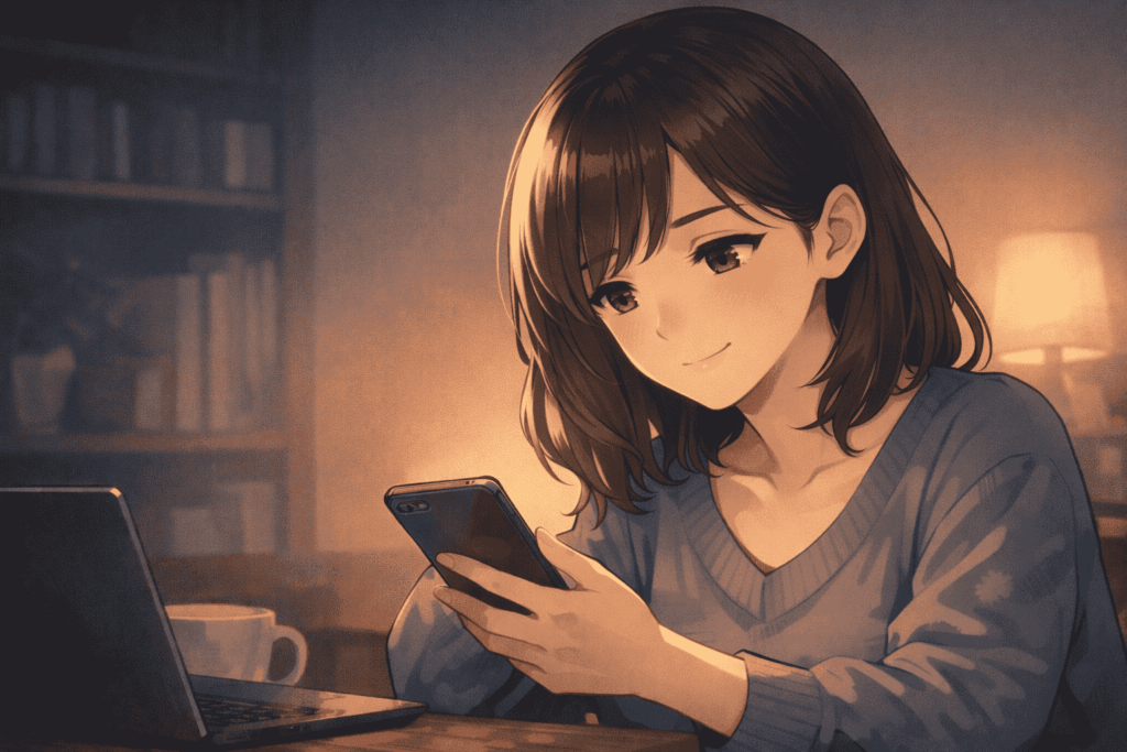 ネットの情報を確認しながら、自分の選択に納得して少し安心した表情を見せる女性のイラスト