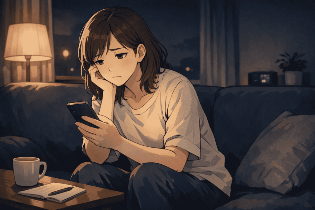 夜の部屋でソファに座り、スマートフォンを見つめながら少し疲れた表情をしている30代女性のイラスト。テーブルにはマグカップとノートが置かれている。